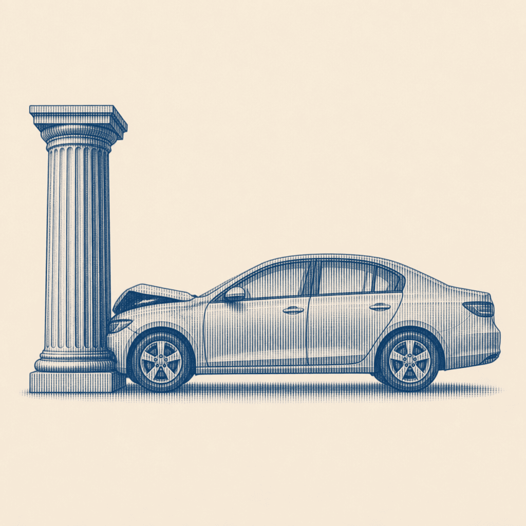 Engraving of a sedan crashed into a Doric column