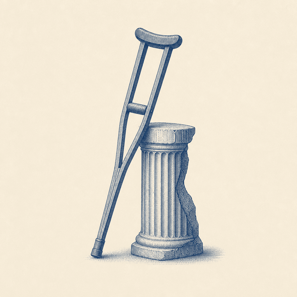 Engraving of a crutch leaning on a broken column