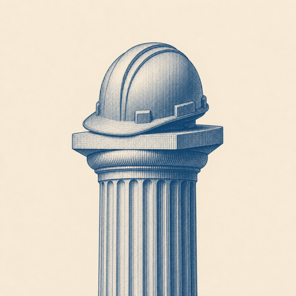 Engraving of a hard hat resting on a Doric column